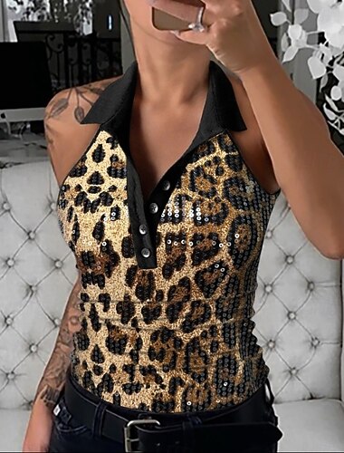  Γυναικείο Top Καμισόλ Μάο Λεοπάρδαλη Σκηνή Λεοπάρδαλη Κουμπιά Σέλας Καθημερινό Κομψό V Λαιμό Κανονική Εφαρμογή S