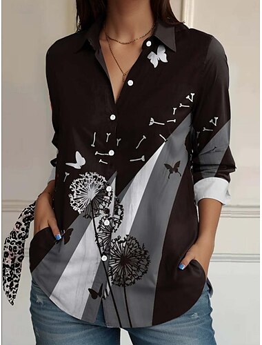  Dames Overhemd dier Geometrisch Casual Lange mouw Overhemdkraag Normale tops Werk Dagelijks Knop Afdrukken Zwart Wit Rood blauw Groen Lente Herfst Winter