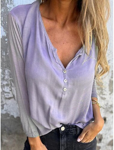  T-Shirt da Donna Colore Solido Stile Casual Manica Lunga Collo a V Top Regolari Giornalieri Bottoni Rosa Blu Viola Albicocca Rosa Estate Primavera