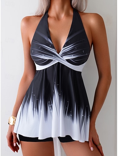  Tankini deux pièces maillot de bain pour femme boy leg halter contrôle du ventre taille haute slim sans dos vacation plage ombre rayée halter neck sans manches