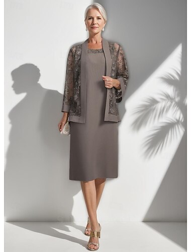  Ensemble de robe de la mère de la mariée élégante vintage simple col rond longueur thé chiffon dentelle florale manches longues avec veste 2025