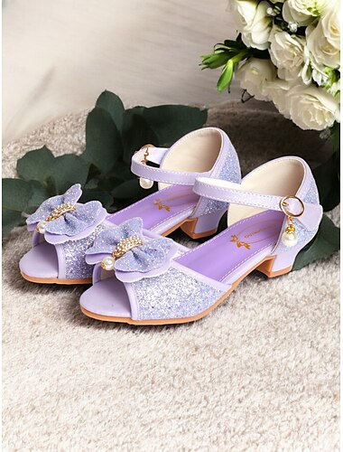  Lila Glitzer-Sandalen mit Perlenverzierung und Schleife für Mädchen, verstellbarer Riemen, perfekt für Hochzeiten, Geburtstage und besondere Anlässe