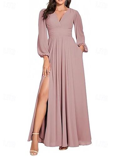  A-Linie Brautjungfernkleid V-Ausschnitt Langer Ärmel Elegantes Bodenlänge Chiffon mit Schlitz vorne  Rüschen