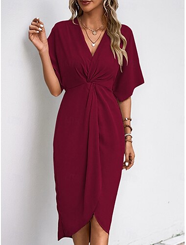  Mini-Kleid für Frauen Wickelkleid T-Shirt-Kleid Tee-Kleid Einfarbig Casual Urlaub Alltag Reguläre Passform Einfarbig Kurzarm V-Ausschnitt Schwarz Wein Khaki Armeegrün Sommer