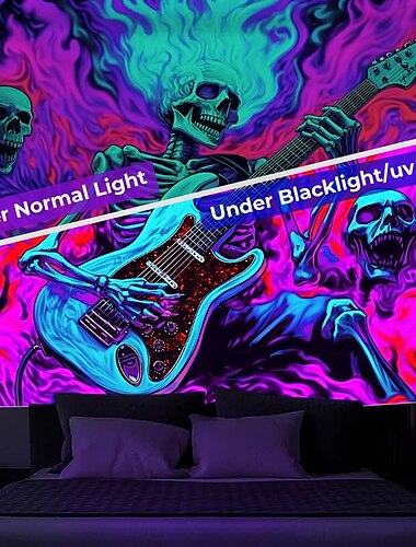  Arazzo Blacklight Glow in the Dark Glow Party UV Reattivo Trippy Nebuloso Teschio della Chitarra Appeso Arazzo Wall Art Murale per Soggiorno Camera da Letto
