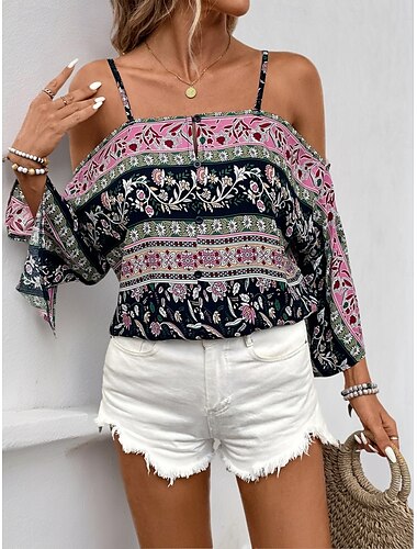  Mulheres Camisa Social Blusa Floral à moda Casual Manga Longa Com Alças Tops regulares Diário Imprimir Preto Verão Primavera