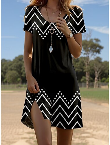  Dames Mini-jurk T shirt jurk A lijn jurk Zomerjurk Stijlvol Casual Dagelijks Normale pasvorm Grafisch Geometrisch Korte mouw Strakke ronde hals Zwart Zomer Lente