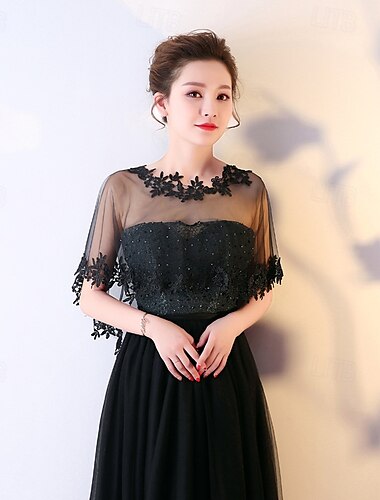  Spitzen-Hochzeitsschal für Damen, Abendumhang, Braut-Schulterbedeckung, Schal für Kleid, Abschlussball, Party (schwarz)