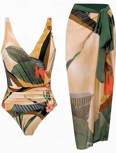  Dames Zwemkleding Een stukje Monokini Zwempak Blote rug Buikcontrole Hoge taille Slank Vakantie Strand Kleding Bloemig V-hals Mouwloos Badpakken
