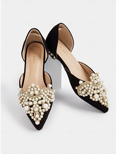  Zapatos planos de satén negro con punta puntiaguda para mujer con adornos de perlas y cristales: elegantes zapatos planos de novia para bodas y eventos especiales