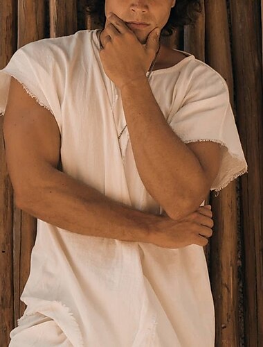 Per uomo Camicia di lino Maglietta Manica Corta Girocollo Estate Primavera Tinta unica Elegante Neutro Quotidiano Girocollo Scuola Allenamento All'aperto Beige Maglietta Top per Uomo