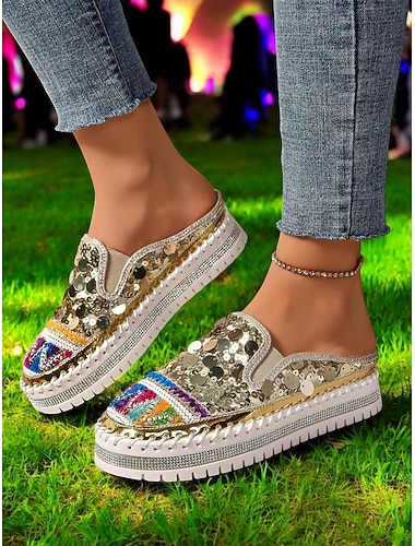  Dames gouden pailletten platform muiltjes sneakers – glinsterende instappers met geborduurde details voor festivals, feesten en straatmode