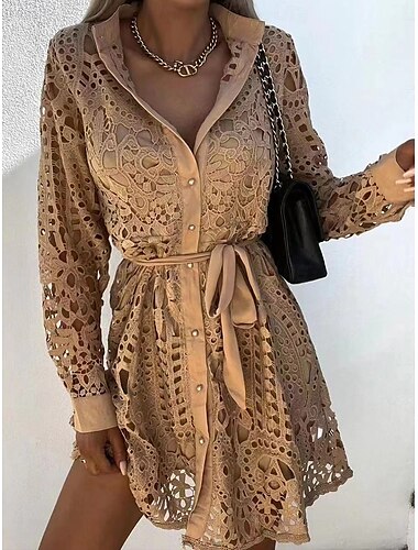  Damen Minikleid Spitzenkleid A Linie Kleid Boho-Kleid Basic Lässig Urlaub Täglich Normale Passform Einfach Langarm Quadrathals Schwarz Weiß Khaki Sommer