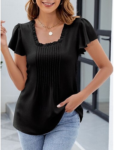  Damen Hemd Bluse Feste Farbe Stilvoll Brautkleider schlicht Kurzarm Quadratischer Ausschnitt Normale Oberteile Täglich Rüsche Schwarz Weiß Rosa Marineblau Grün Sommer Frühling