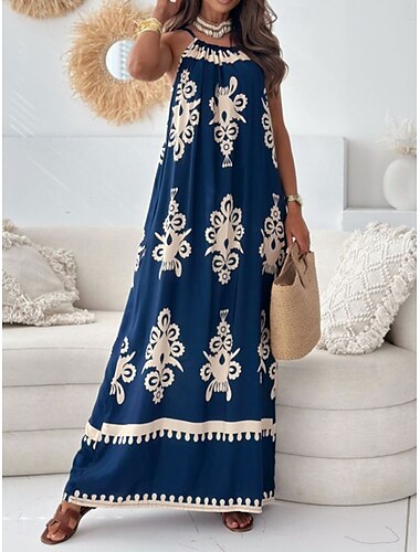  Damen Maxidress Sommerkleid skims dress Böhmen Brautkleider schlicht Urlaub Casual Täglich Regular Fit Graphic Ärmellos Gurt Marineblau Himmelblau Grün Aprikose Sommer Frühling