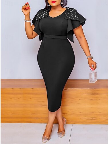  Damen Midi Kleid Sommerkleid Einfarbig Bodycon Kleid Puffärmelkleid Elegant Semi-formell Party Hochzeitsgast Verlobungsfeier Regelmäßige Passform Grafik Kurze Ärmel V-Ausschnitt Schwarz Wein Fuchsia