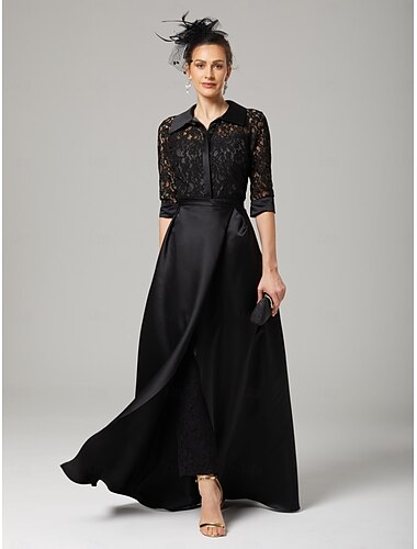  Overall  Hosenanzug Brautmutter Formeller Hochzeitsgast Vintage Party Hemdkragen Bodenlänglich Satin Spitze 3/4 Länge Ärmel mit Raffung 2025