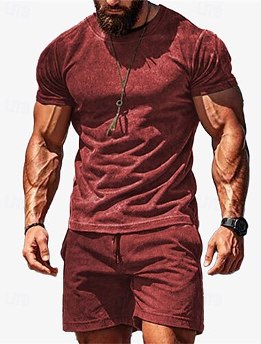  男性用 ワークアウトセット トラックスーツ Tシャツ＆ショーツ セット 衣装セット クルーネック アウトドア 日常 スポーツ ポケット ドローストリング 2個 純色 ワインレッド ロイヤルブルー グリーン ポリエステル アクティブウェア クラシック カジュアル 夏