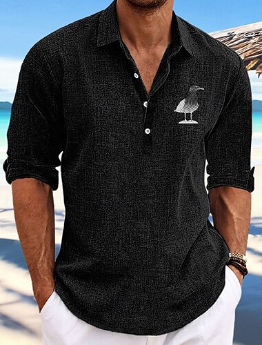  Herren Hemd Leinenhemd Popover-Hemd Sommerhemd Freizeithemd Strandhemd Schwarz Blau Kaki Grau Langarm Tiermotiv Revers Urlaub Hawaiianisch Button-Down Bekleidung Mode Lässig Bequem