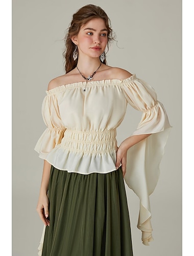  Rétro Vintage Médiéval Renaissance Blouse / Chemise Ren Faire Manche Volants Viking Elfe Épaules Dénudées Couleur Unie Femmes Celtique Pirate Fantaisie Halloween Carnaval Vacances Décontract