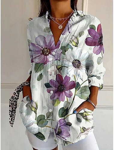  Camisa para mujer gráfica diaria estilosa retro vintage camisa de manga 3/4 cuello regular tops diaria vacaciones salir botones amarillo púrpura verano primavera