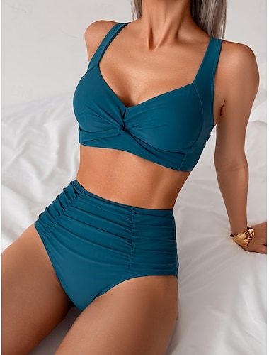  Mujer Bañadores Bikini 2 piezas Slips Traje de baño Espalda al Aire Delgado Cintura alta Vacaciones Ropa de playa Color sólido Escote en Pico Sin Mangas Trajes de baño