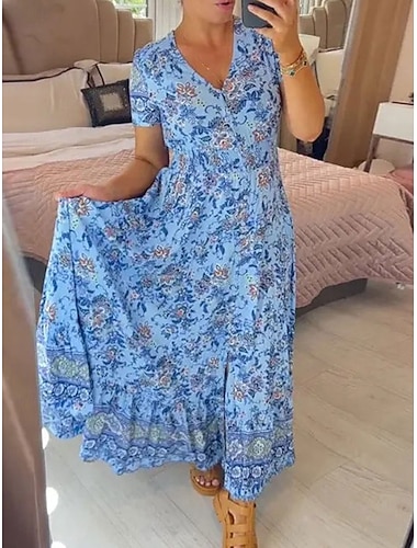  בגדי ריקוד נשים שמלת מקסי שמלת קז'ואל שמלת בוהו אלגנטית מסוגנן יום יומי חופשה קזו'אל יומי רגיל פרחוני שרוולים קצרים צווארון V ורוד מסמיק כחול נייבי סגול כחול בהיר קיץ אביב