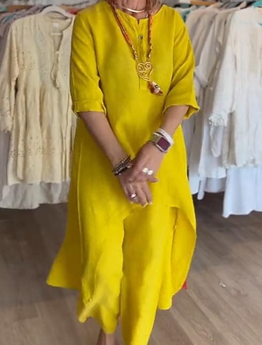  Women's Linen-Inspired Dresses Fashion Streetwear Daily Wear Date Regular Fit Solid Color Long Sleeve Crew Neck Yellow Green Light Grey Spring Fall