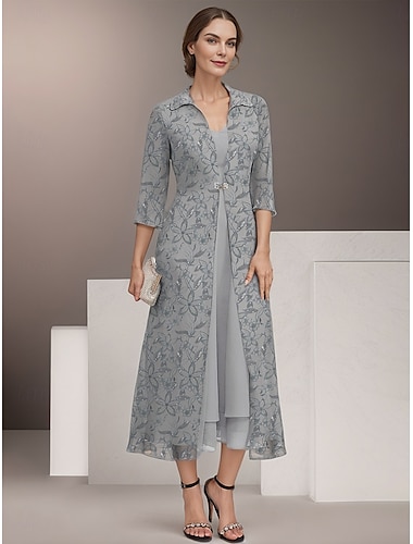  tweedelige moeder van de bruid jurk elegante vintage overhemdkraag thee lengte chiffon 3/4 lengte mouw bloemen kant jasje jurken 2025