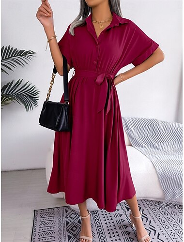  Robe midi femme Robe portefeuille Robe en A Anniversaire Vacances Décontractées Fête Anniversaire Coupe régulière Graphique Manches courtes Col chemise Vin Vert armée Bleu clair Été