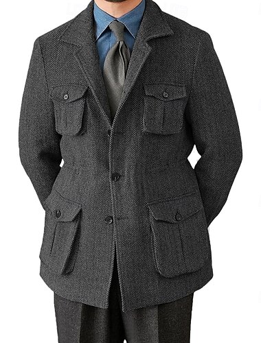  男性用 ツイードブレザー レトリ／ヴィンテージ ヘリンボーン Blazer ネイビーブルー ブラウン ダック スタンダードフィット シングルブレスト 3つボタン