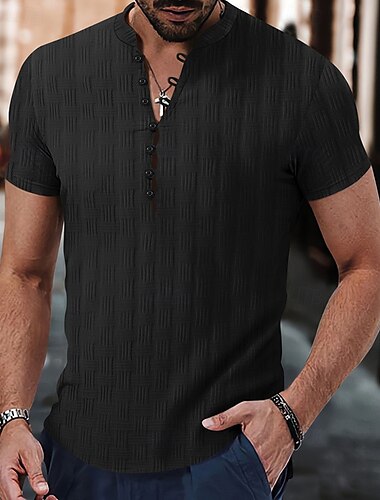  Herren Hemd Popover-Hemd Sommerhemd Freizeithemd Strandhemd Schwarz Weiß Rosa Blau Beige Kurzarm Einfach Stehkragen Urlaub Hawaiianisch Jacquard Bekleidung Mode Lässig Bequem