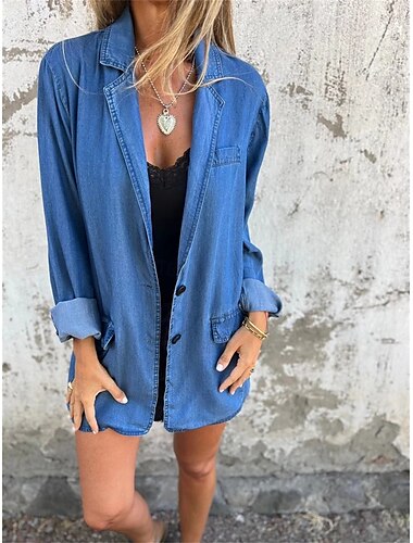  Damen Jeansjacke Atmungsaktiv Komfortabel Knopf Tasche Brautkleider schlicht Glatt Urlaub Strasse Freizeitskleidung Ausgehen Standard Umlegekragen Regular Fit Langarm Oberbekleidung Schwarz Blau
