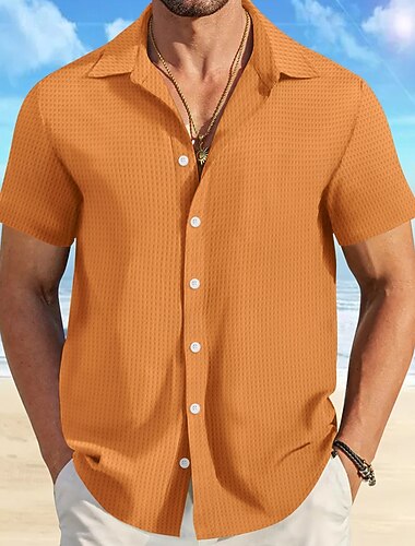  Herren Hemd Sommerhemd Freizeithemd Strandhemd Knopfhemd Waffelstrickhemd Schwarz Weiß Rosa Blau Orange Kurzarm Einfach Revers Urlaub Hawaiianisch Bekleidung Polyester Mode Lässig Bequem
