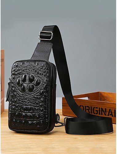  sac bandoulière en cuir noir gaufré crocodile pour homme – sac bandoulière compact avec bandoulière réglable pour un usage quotidien