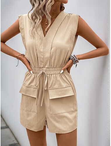  Damen Normal Kurz Jumpsuit Aktiv Feste Farbe Ärmellos V Ausschnitt Tasche Hohe Taillenlinie Urlaub Täglich Regular Fit Khaki Sommer