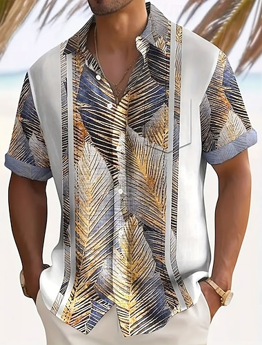  Voor heren Gestreept Palmblad Tropische planten Hawaiiaans overhemd Overhemd met knopen Korte mouw Hawaii Toevlucht Vakantie Feestdagen Strand Kleding Zomer Lente Strijkijzer shirts met kraag Voorste
