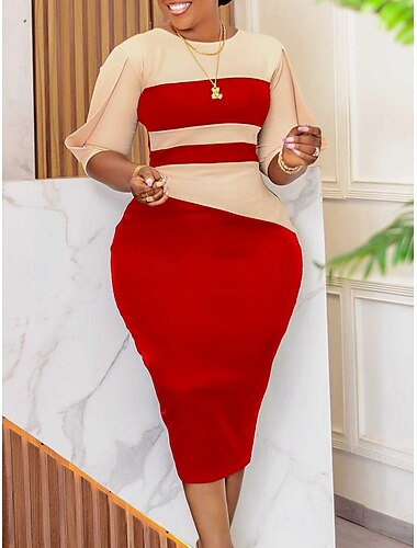  Damen Midikleid Casual kleid Bodycon Elegant Stilvoll Brautkleider schlicht Urlaub Täglich Regular Fit Farbblock 3/4 Ärmel Rundhalsausschnitt Schwarz Weiß Rote Königliches Blau Sommer