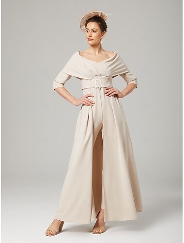  Zwei-Teilige Jumpsuit  Hosenanzug Mutter der Braut Formelle Hochzeitsgast Eleganter Partyrundhalsausschnitt Off-Shoulder Knöchellänge Stretchstoff 3/4-lange Ärmel mit Band  Schleife 2025