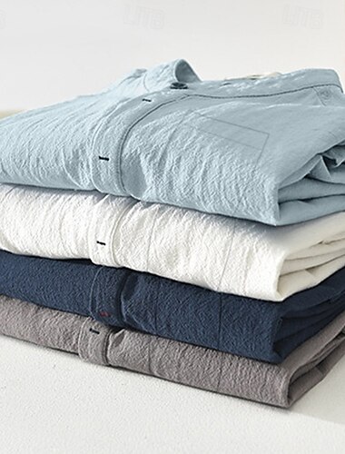  Voor heren linnen overhemd Overhemd met bandkraag Zomer overhemd Strand Kleding Effen Casual Dagelijks Wit Koningsblauw blauw Grijs Korte mouw Opstaand Zomer Kleding