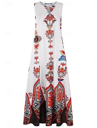  Damen Maxikleid Trägerkleid Stilvoll Urlaub Lässiger Schnitt Geometrisch Vintage Ärmellos V-Ausschnitt Weiß Sommer