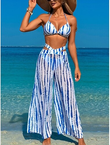  Mujer Bañadores Bikini Tres piezas Pantalón Traje de baño Espalda al Aire Delgado Vacaciones Ropa de playa Raya Cuello halter Sin Mangas Trajes de baño