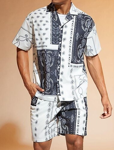  Herren Grafik 2St Hemden-Sets Hemd Kurzarm Kurze Hosen Kubanisches Halsband Ethno-Stil Lässig Täglich 3D-Druck Sommer Braun aschgrau
