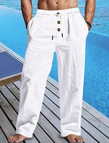  Homme Pantalon en lin Pantalon pantalon été Pantalon de plage Boutons Poche Cordon Plein Confort Respirable Vacances du quotidien Plage Hawaïen Bohème Noir Blanche