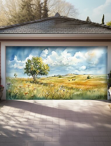  Landschaft Türdekorationen Garagentor Cover Frühlingsfeld Outdoor Banner Großes Hintergrunddekor für das Ferien Outdoor Garagentor Heimwanddekorationen