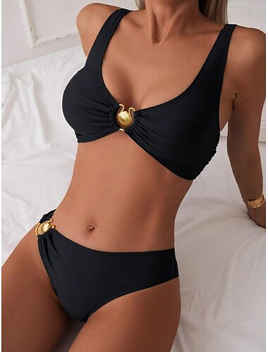  Mujer Bañadores Bikini 2 piezas Traje de baño Espalda al Aire Control de barriga Alta cintura Vacaciones Ropa de playa Color sólido Escote en Pico Sin Mangas Trajes de baño
