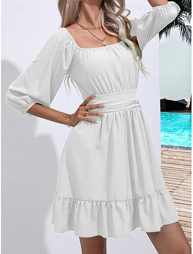  Mini-Kleid für Frauen A-Linien-Kleid Melkermädchenkleid Off-Shoulder Kleid Puffärmelkleid Urlaub Urlaub Alltag Reguläre Passform Einfarbig Halbärmel Quadrat-Ausschnitt Schwarz Weiß Hellgrün Rosa