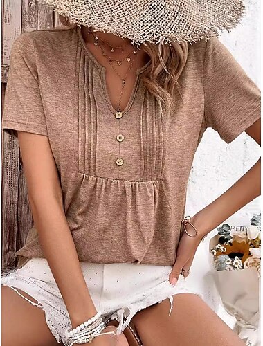  Dames T-shirt Effen Modieus Modern Casual Korte mouw Gekerfde nek Normale tops Dagelijks Weekend Knop Khaki Zomer