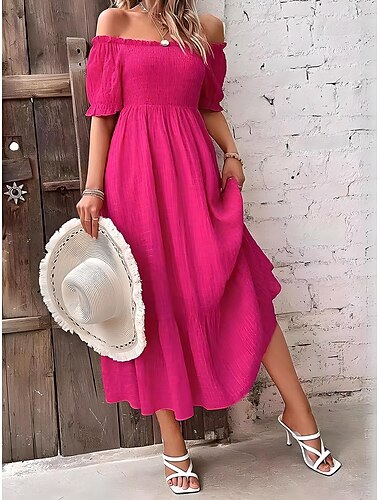  Robe midi femme Robe corset Robe d'été Robe midi couleur unie Robe smockée Robe de laitière Bohème Classique Anniversaire Vacances Décontractée Vacances Coupe régulière Manches courtes unies