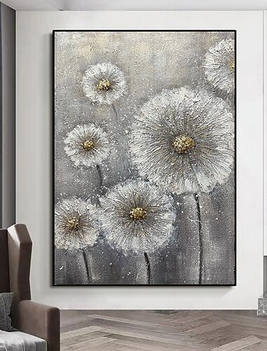  peinture à l'huile faite à la main toile acrylique art mural décoration abstraite texture grise fleurs de pissenlit pour salon décoration de la maison peinture roulée sans cadre non étirée